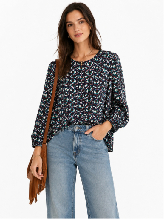 Boden Tops - Boden Floral Geometric Print Blouse Navy Green Puff Sleeve Top US 12